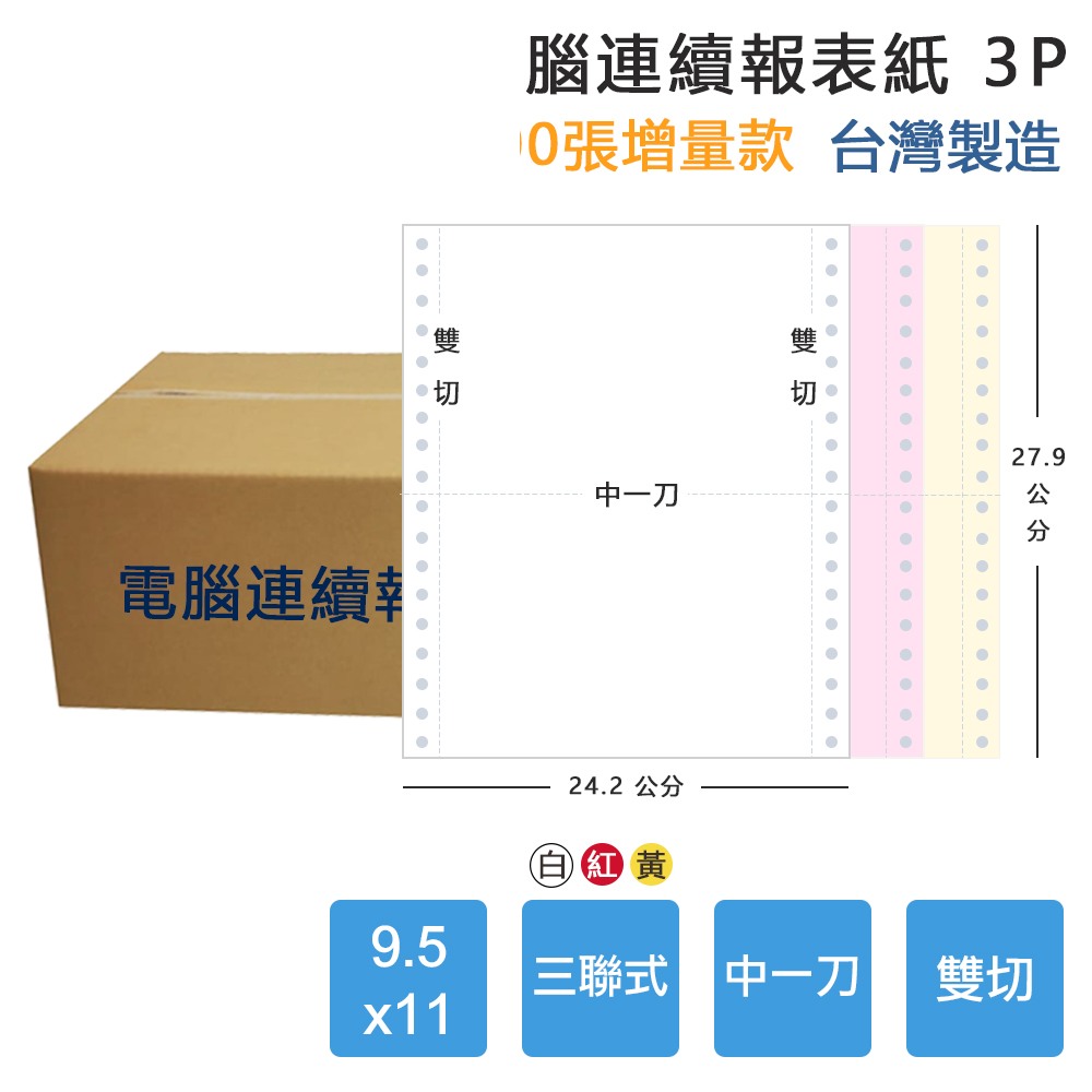 【電腦連續報表紙】3P 9.5 x 11 三聯式 雙切 中一刀 台灣製造:圖片 4