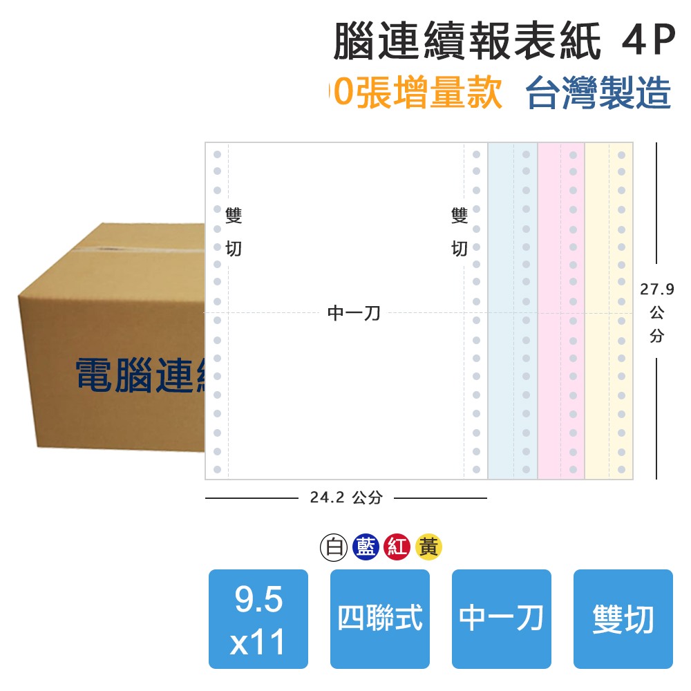 【電腦連續報表紙】4P 9.5 x 11 四聯式 雙切 中一刀 台灣製造:圖片 4