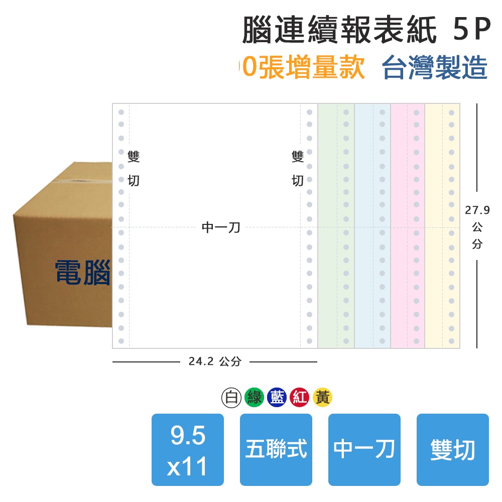 【電腦連續報表紙】5P 9.5 x 11 五聯式 雙切 中一刀 台灣製造:圖片 4